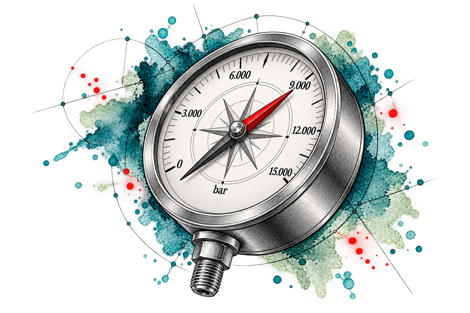 Manometer-Kompass mit farbigen Tuscheklecksen.